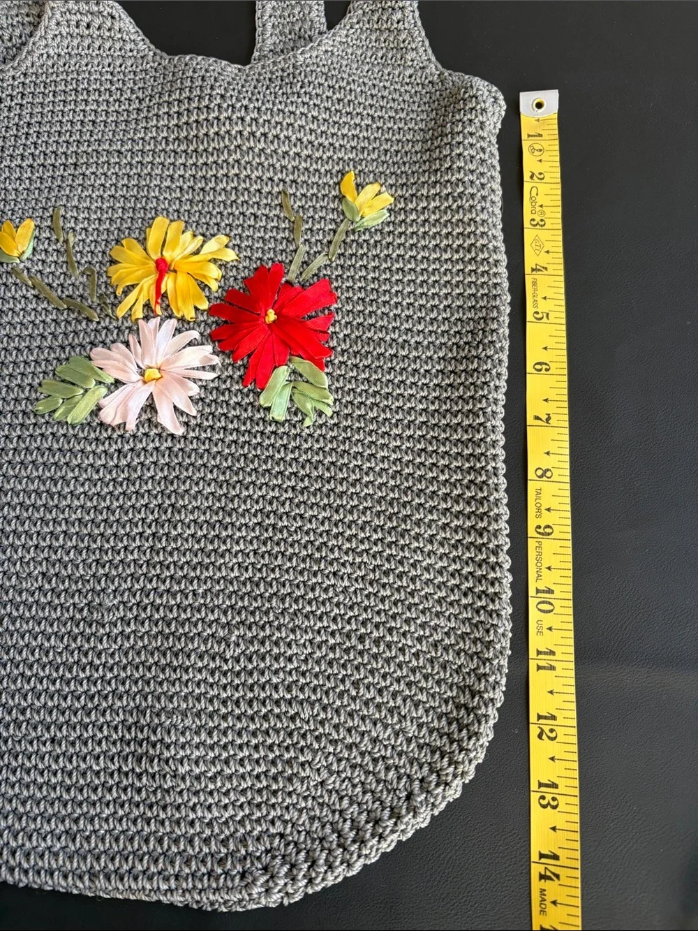 Gray Crochet Floral Appliqué Hobo Tote Bag Boho Cottagecore